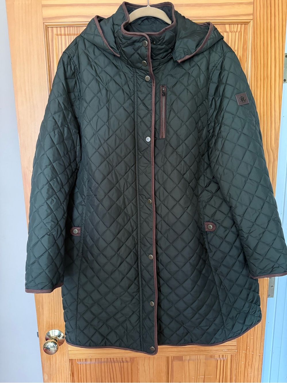 Lauren Ralph Lauren Dark Green Quilted Hooded Puffer Coat with Brown Trim